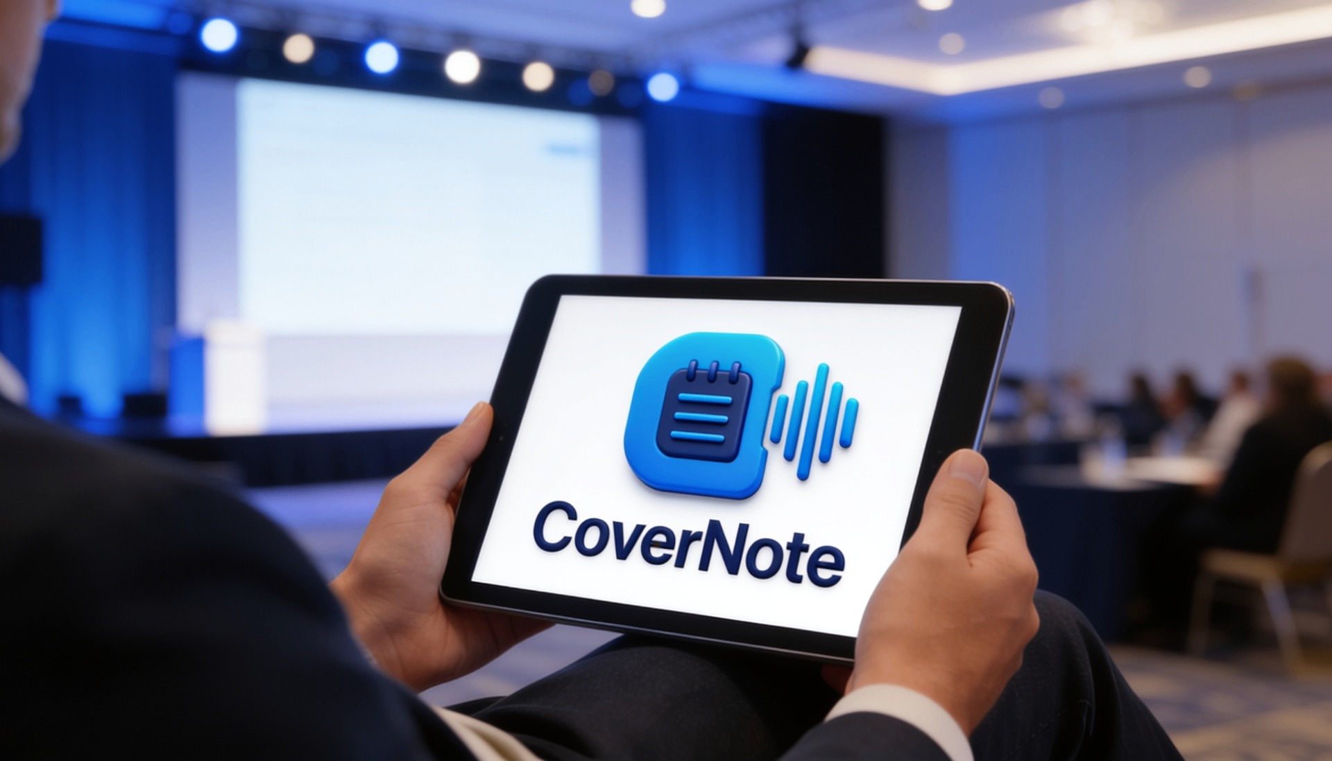 Persona en una conferencia usando CoverNote en tablet
